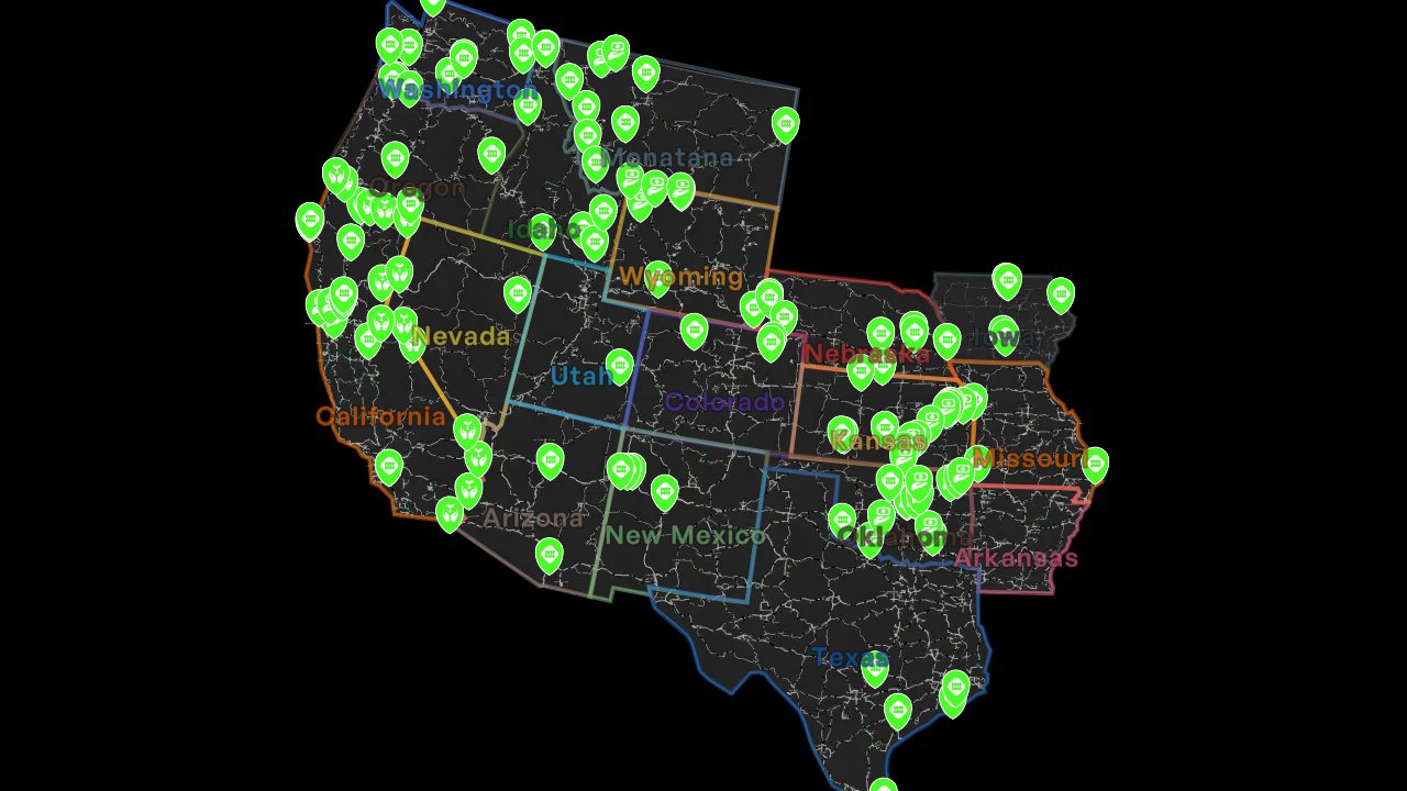 American Truck Simulator interactive map filtered to show only Facilities markers