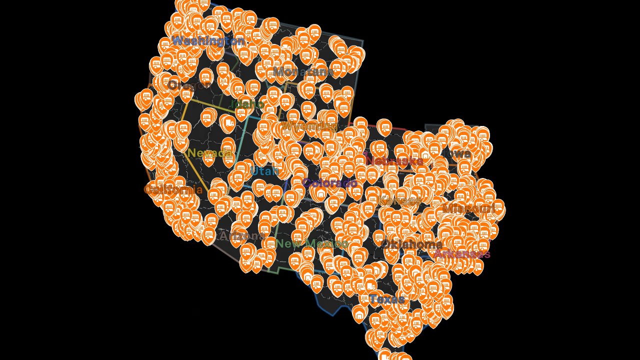 American Truck Simulator interactive map filtered to show only Locations markers