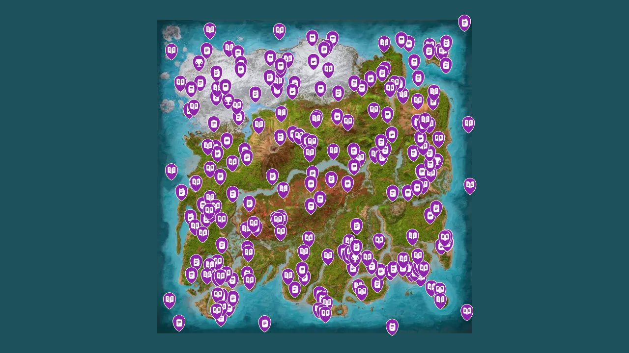 Ark Survival Ascended interactive map filtered to show only Collectables markers