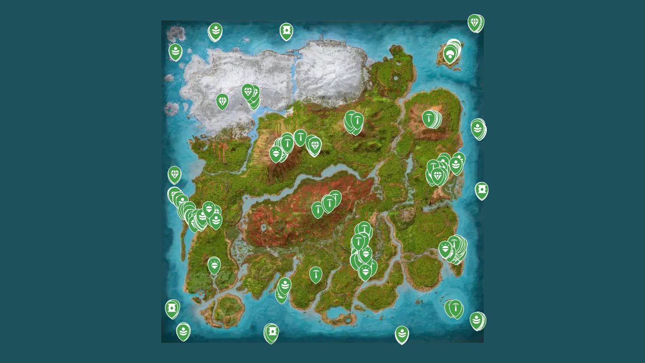 Ark Survival Ascended interactive map filtered to show only Resources markers