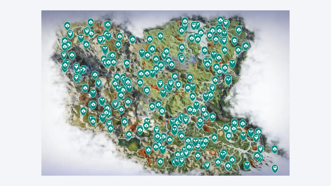Avatar Frontiers Of Pandora interactive map filtered to show only Na'vi Landmarks markers