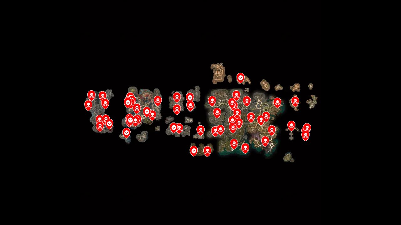 Baldurs Gate 3 interactive map filtered to show only Enemies markers