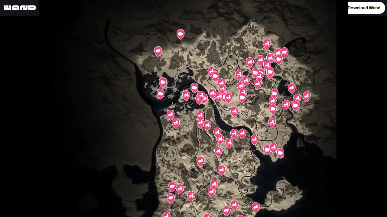 Bellwright interactive map filtered to show only Wild Animals markers