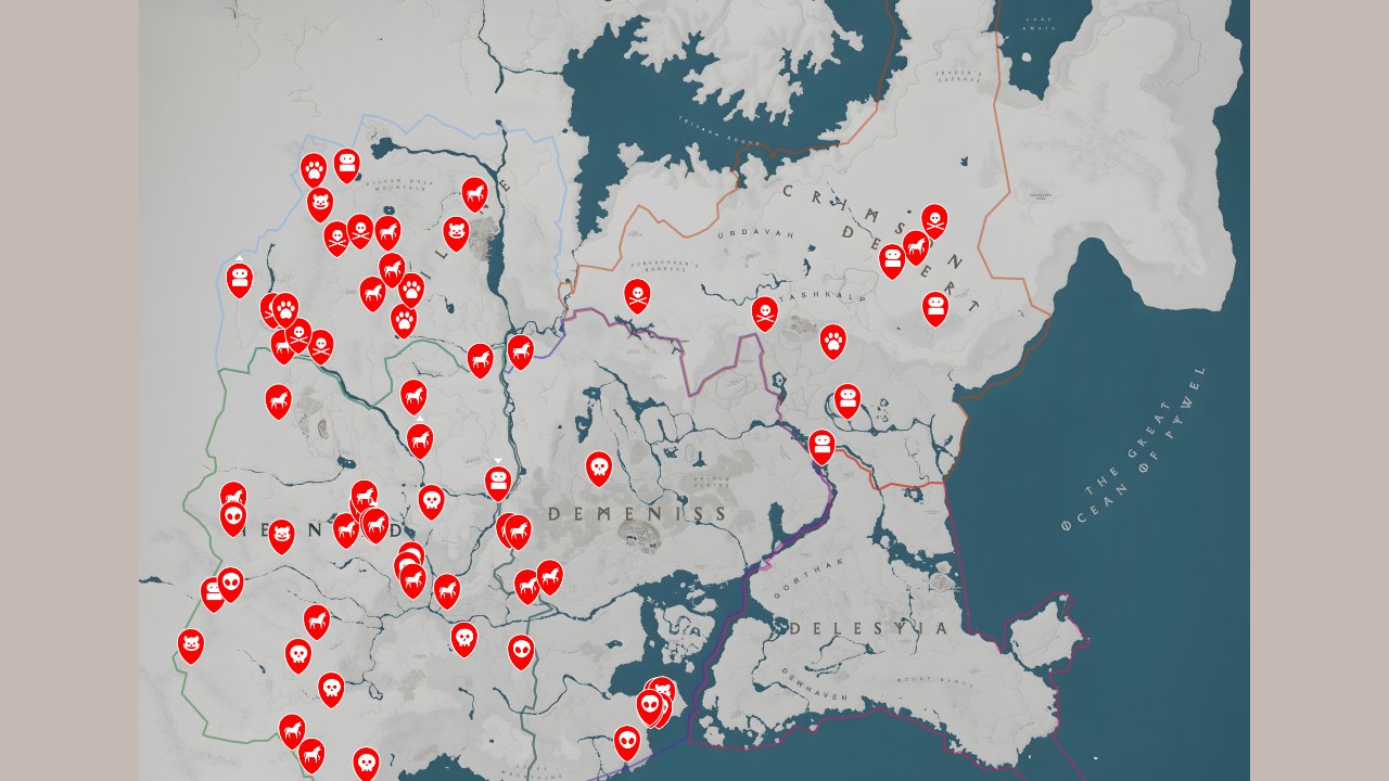 Crimson Desert interactive map filtered to show only Enemies markers