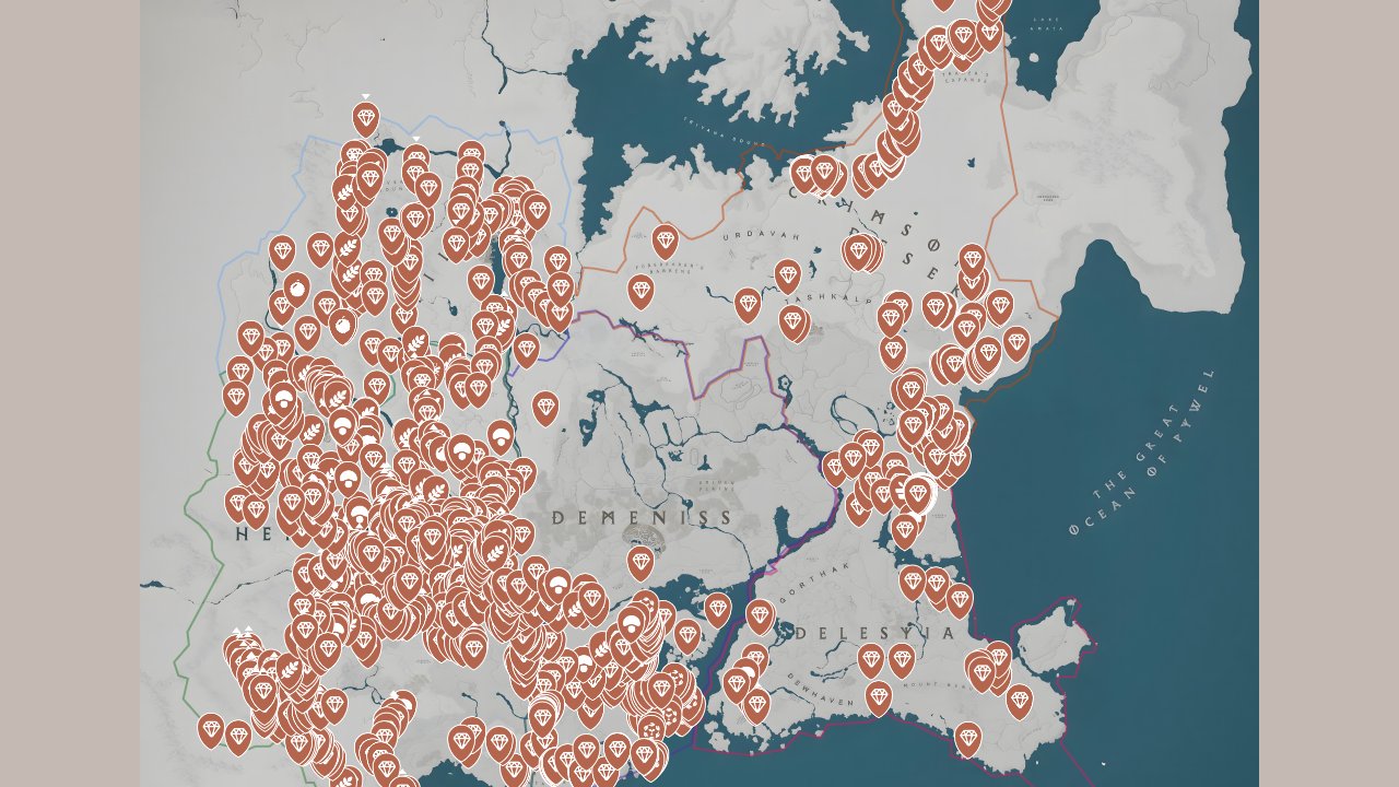 Crimson Desert interactive map filtered to show only Gatherables markers