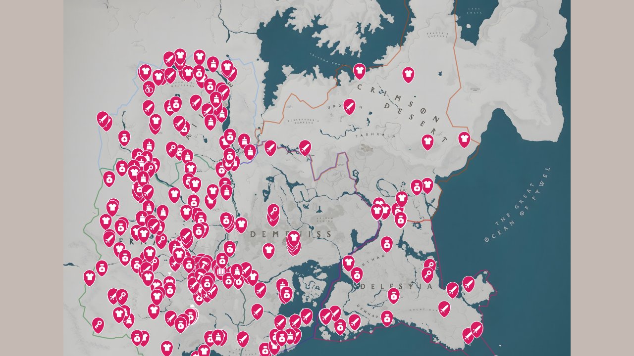 Crimson Desert interactive map filtered to show only Items markers