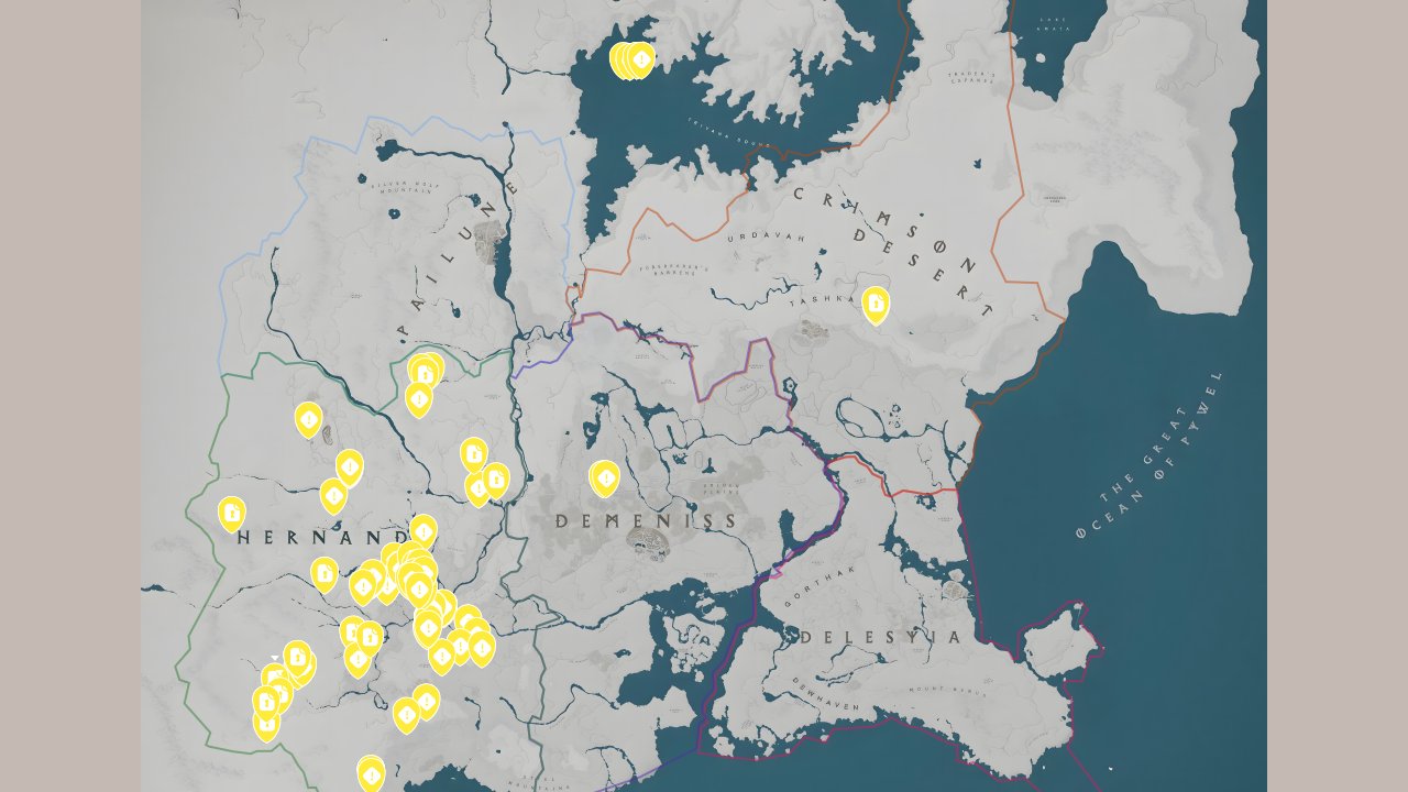 Crimson Desert interactive map filtered to show only Quests markers