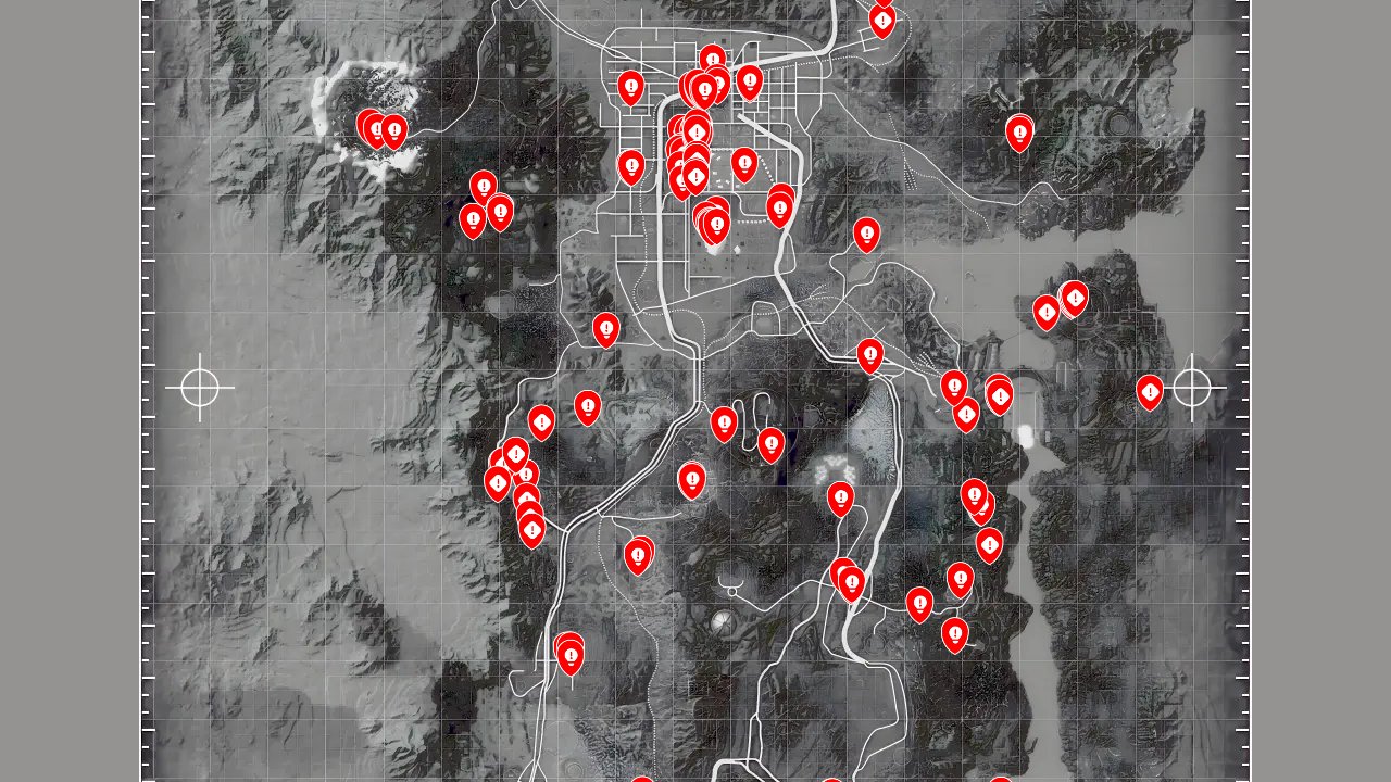 Fallout New Vegas Ultimate Edition interactive map filtered to show only Quests markers