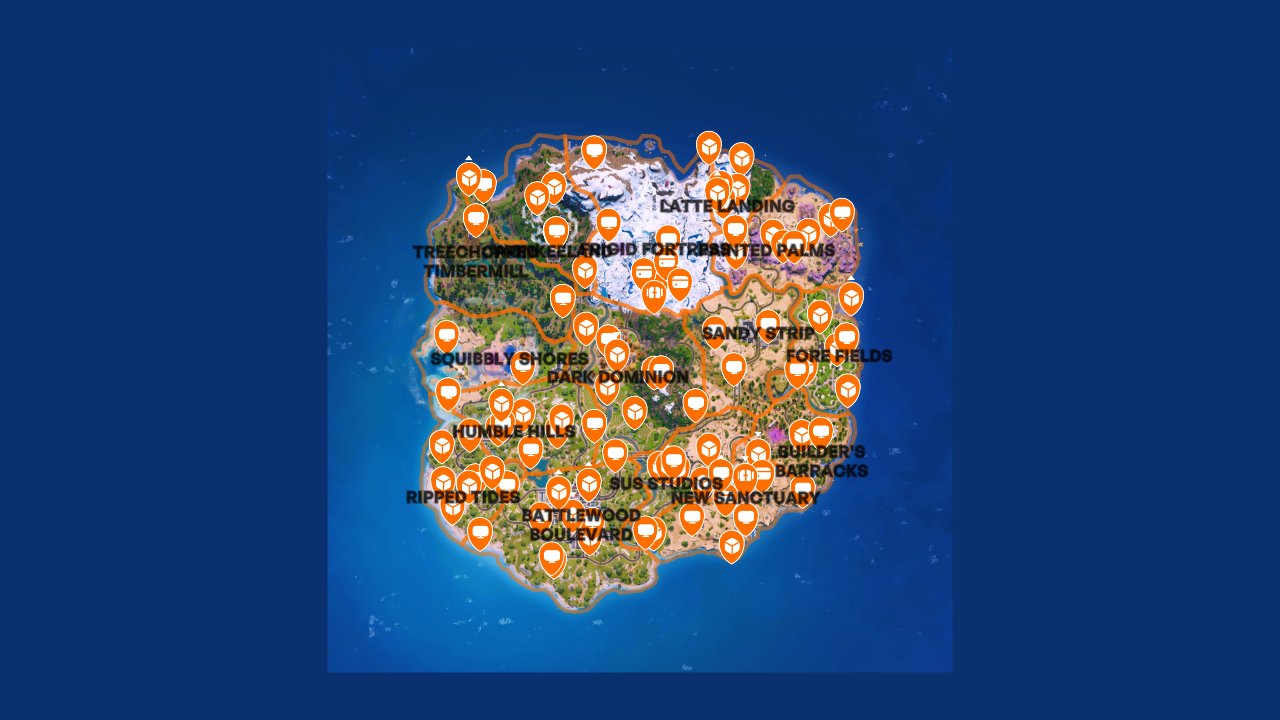 Fortnite interactive map filtered to show only Event markers