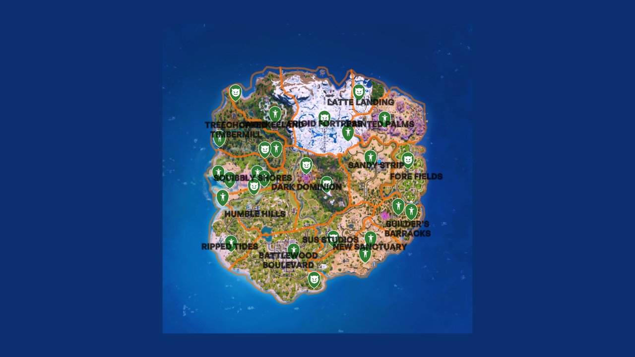 Fortnite interactive map filtered to show only NPC markers