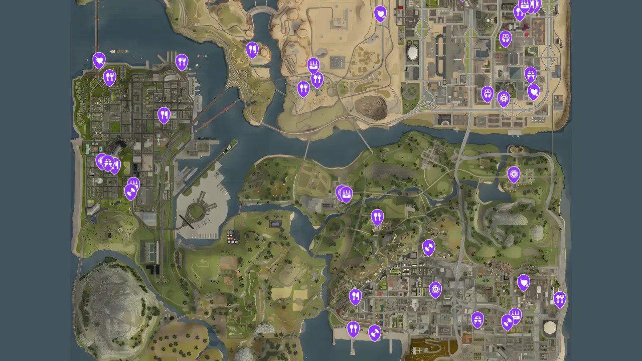 Grand Theft Auto San Andreas The Definitive Edition interactive map filtered to show only Entertainment markers