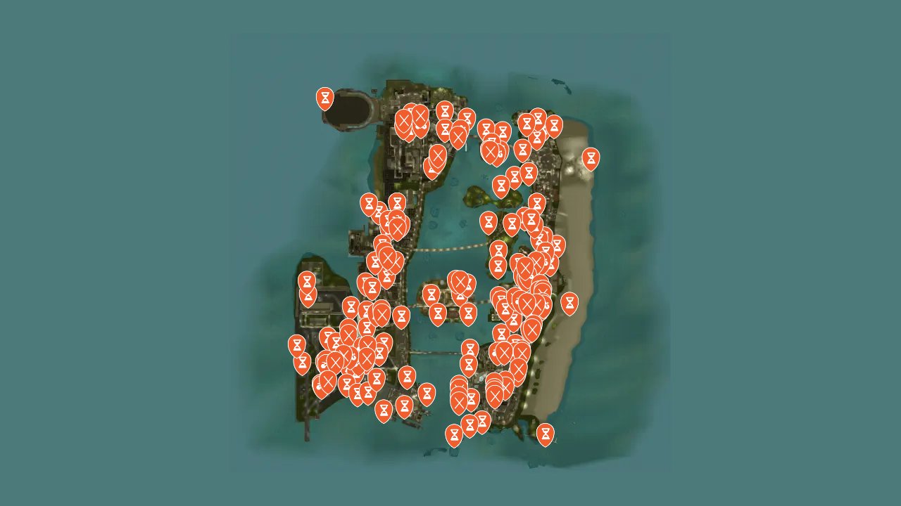 Grand Theft Auto Vice City The Definitive Edition interactive map filtered to show only Collectibles markers