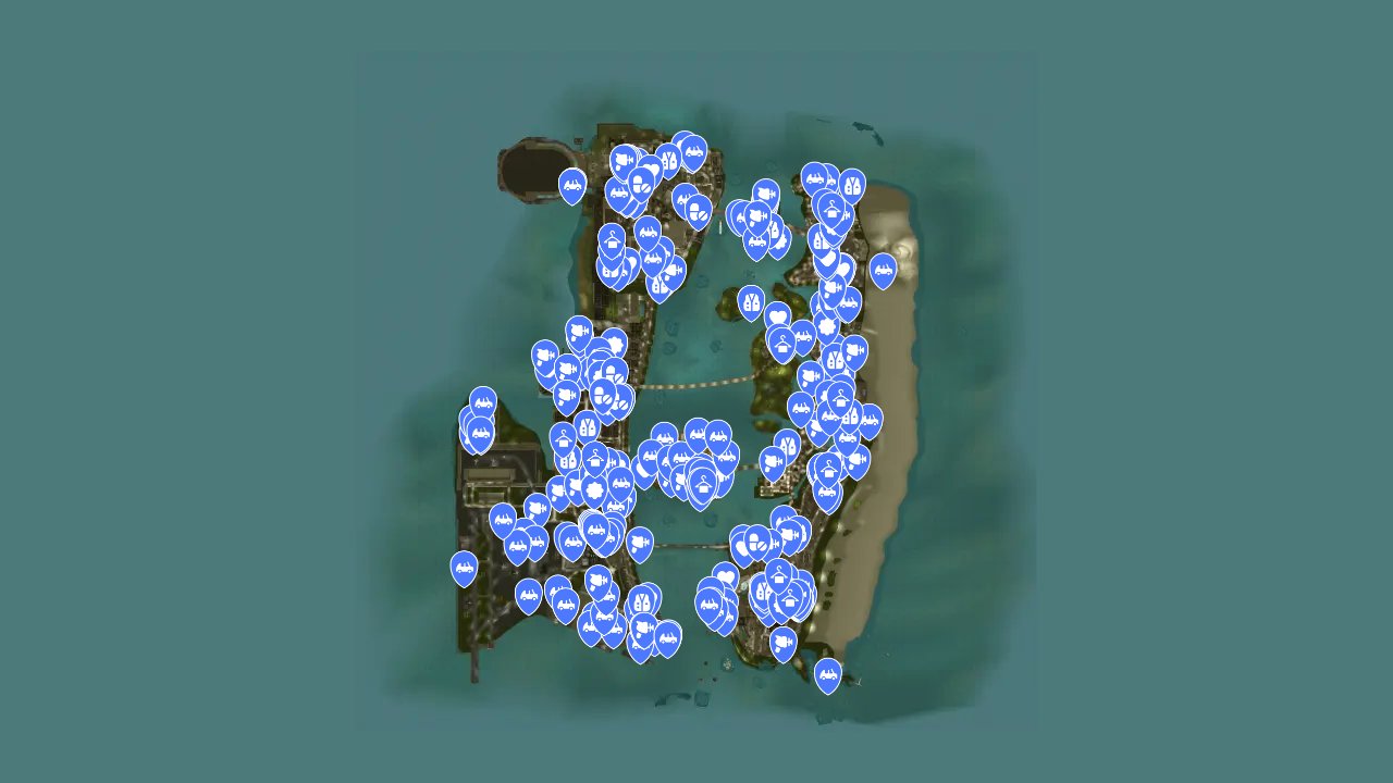 Grand Theft Auto Vice City The Definitive Edition interactive map filtered to show only Pickups markers