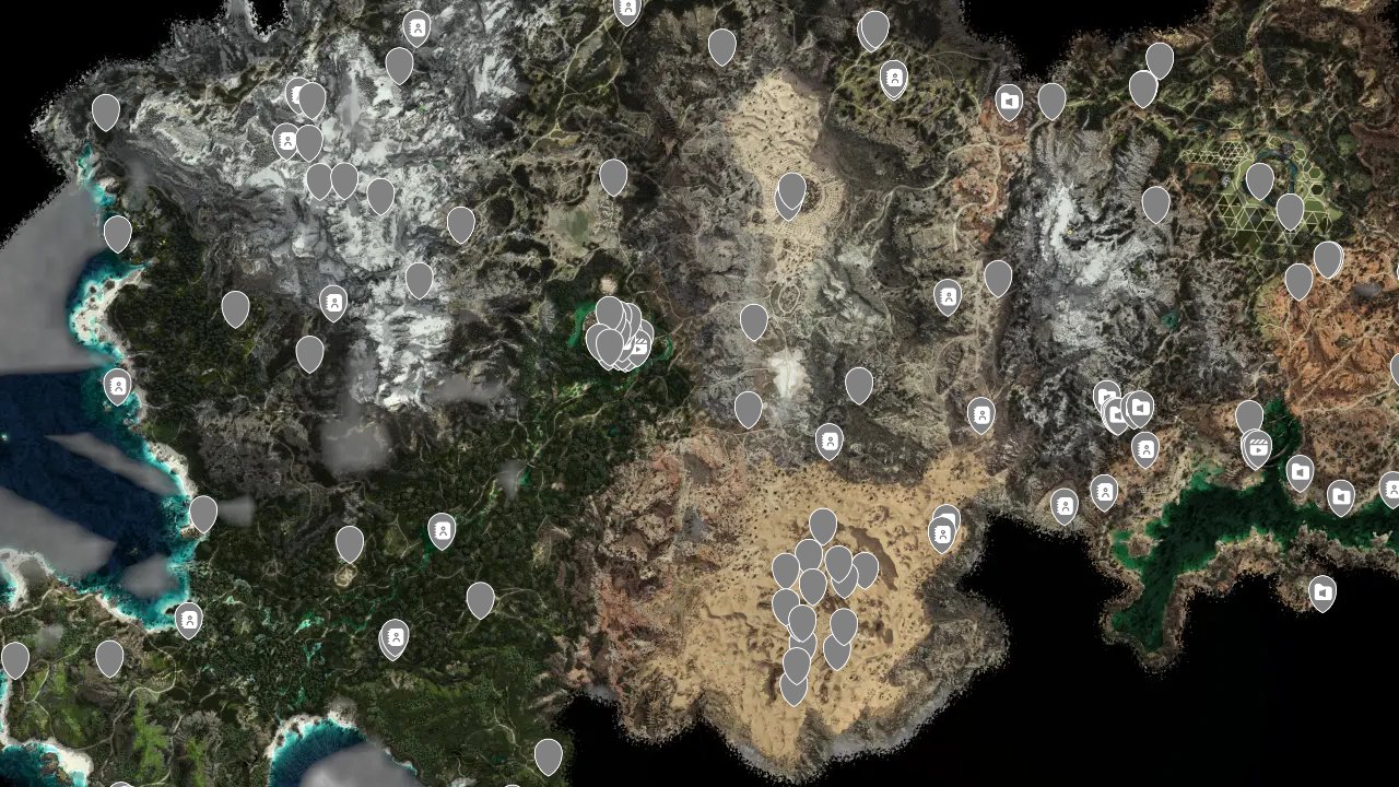 Horizon Forbidden West interactive map filtered to show only Datapoints markers