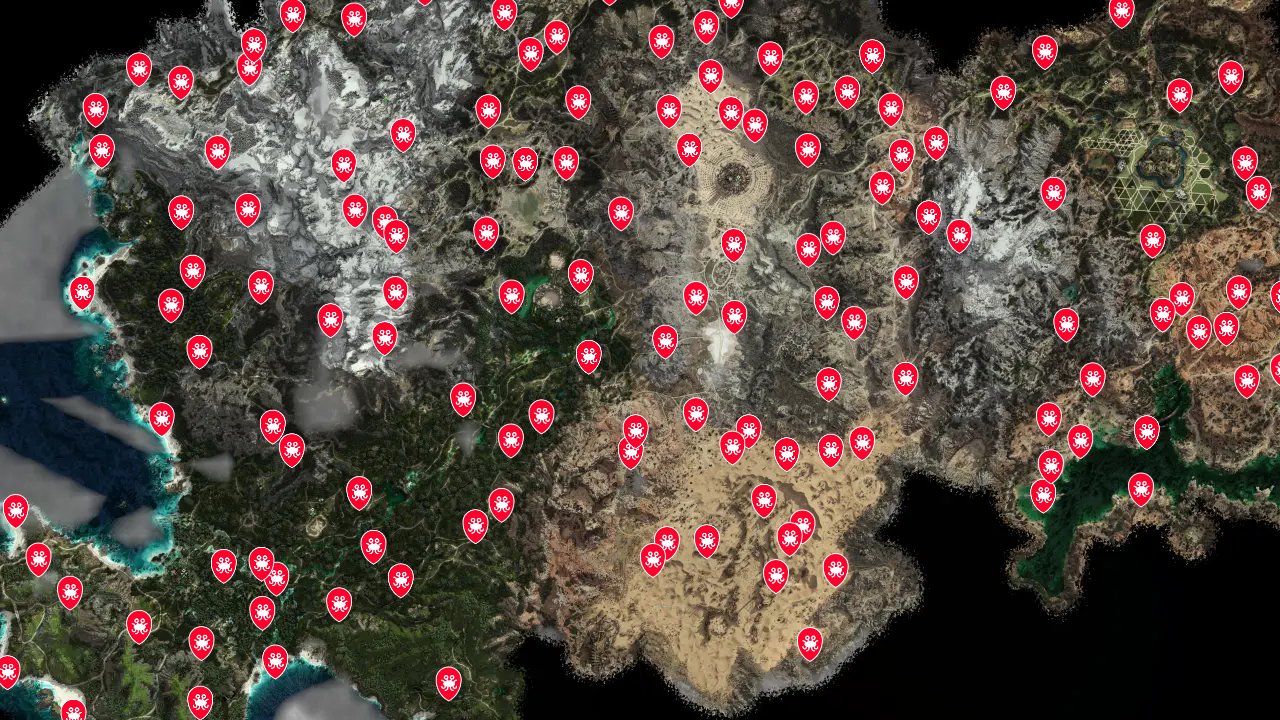 Horizon Forbidden West interactive map filtered to show only Machines markers