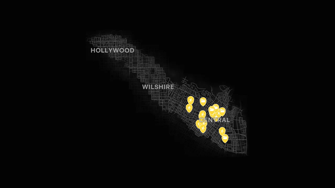 L.A. Noire interactive map filtered to show only Cases and Crimes, Traffic Desk markers