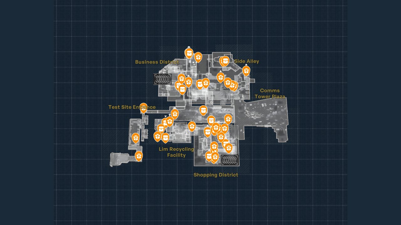 Pragmata interactive map filtered to show only Crates markers