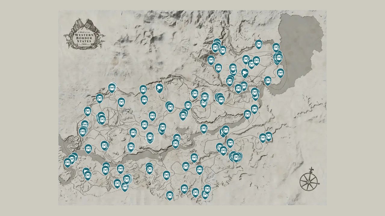Red Dead Redemption interactive map filtered to show only Loot markers