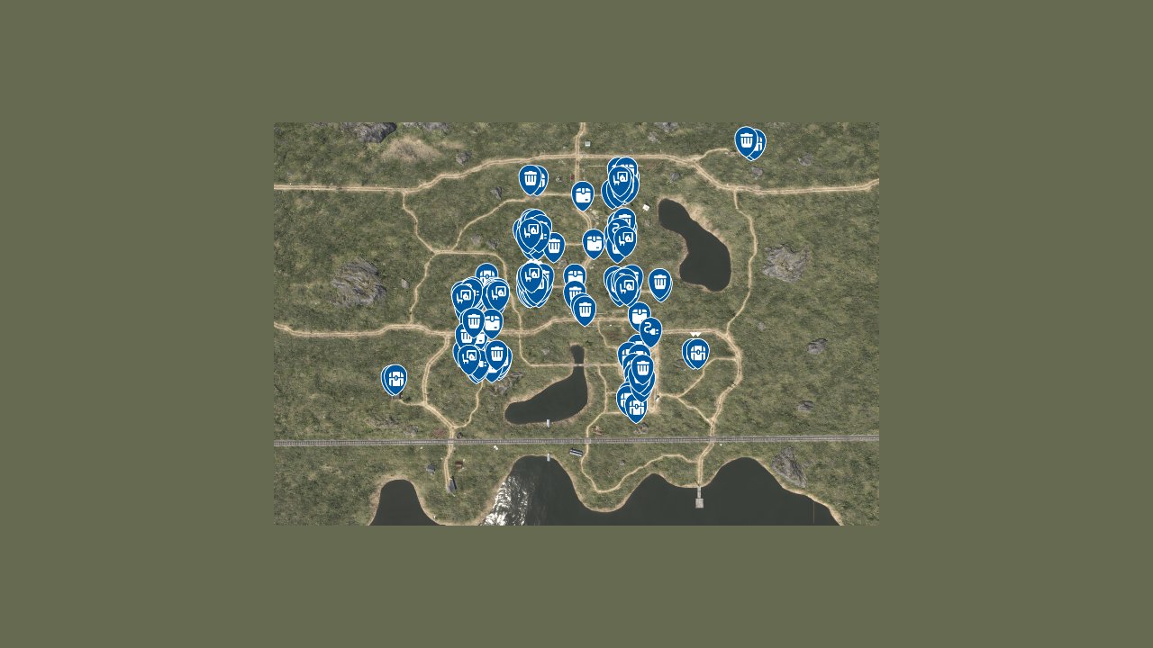 Road To Vostok interactive map filtered to show only Loot markers