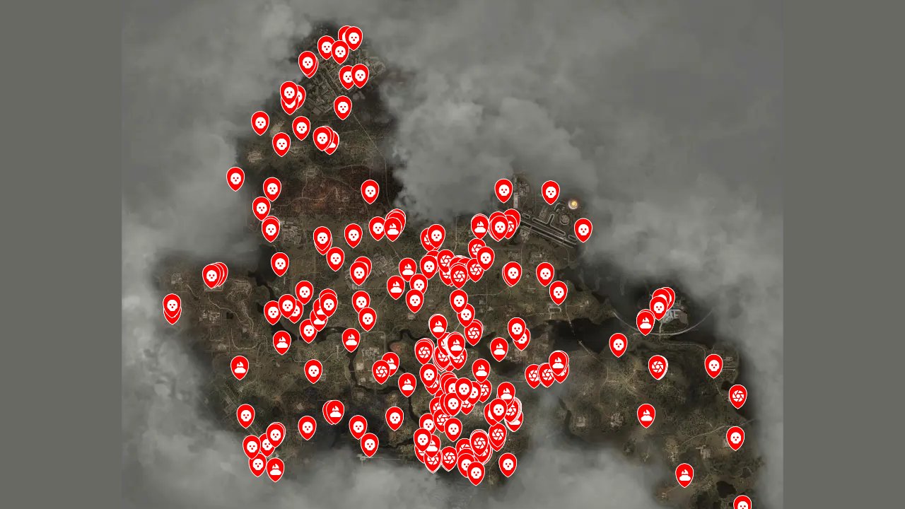 Stalker 2 Heart Of Chornobyl interactive map filtered to show only Enemies markers