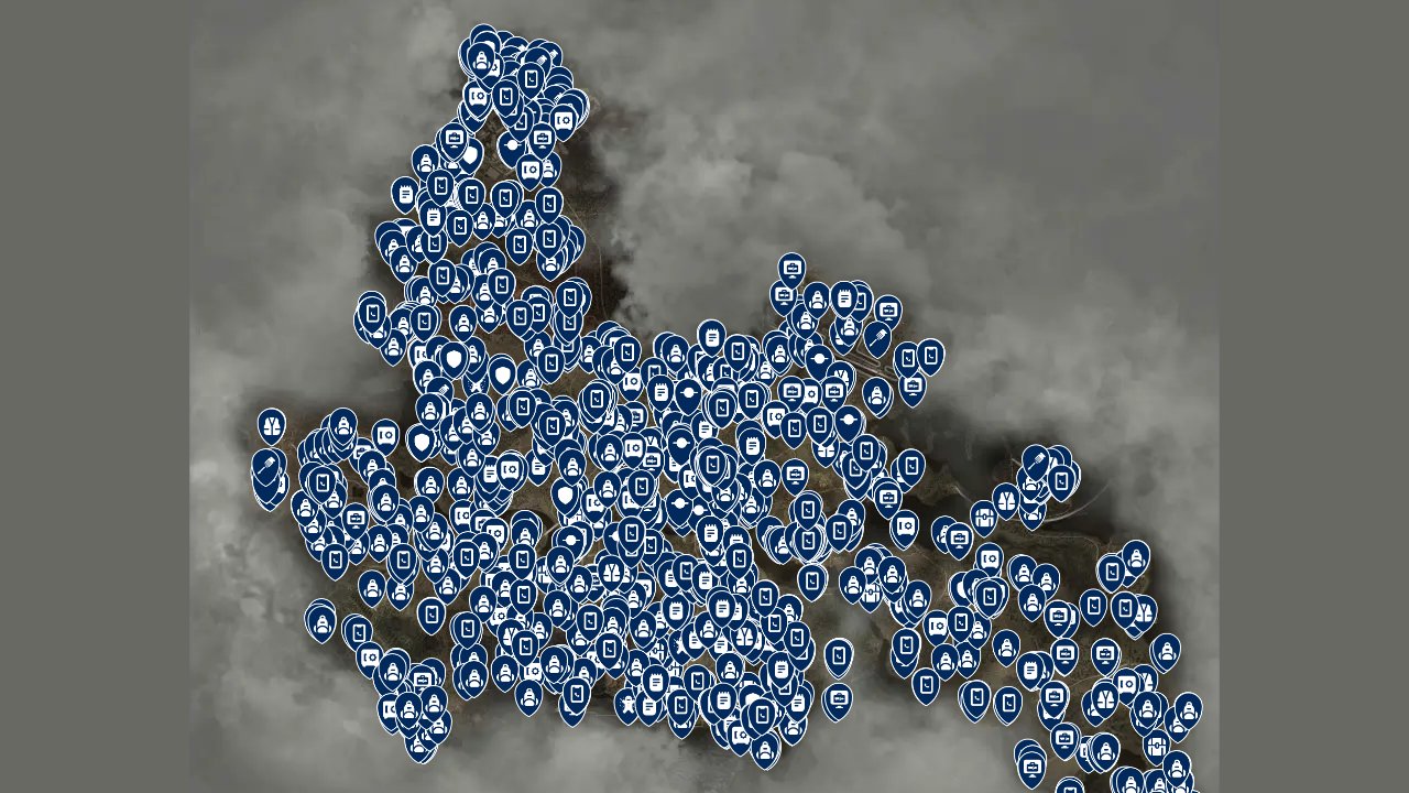 Stalker 2 Heart Of Chornobyl interactive map filtered to show only Items markers