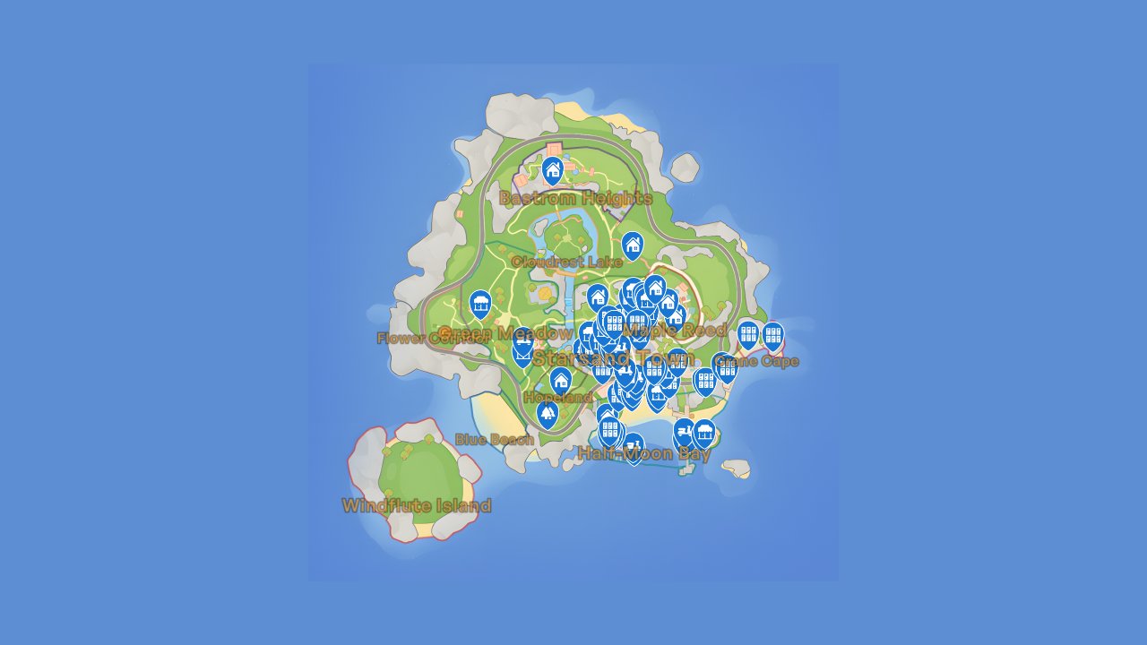 Starsand Island interactive map filtered to show only Locations markers