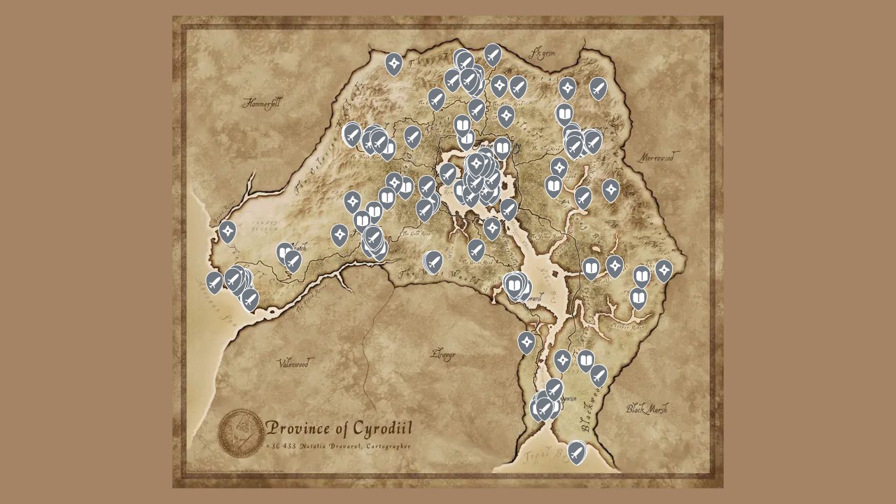 The Elder Scrolls IV Oblivion Remastered interactive map filtered to show only Items markers