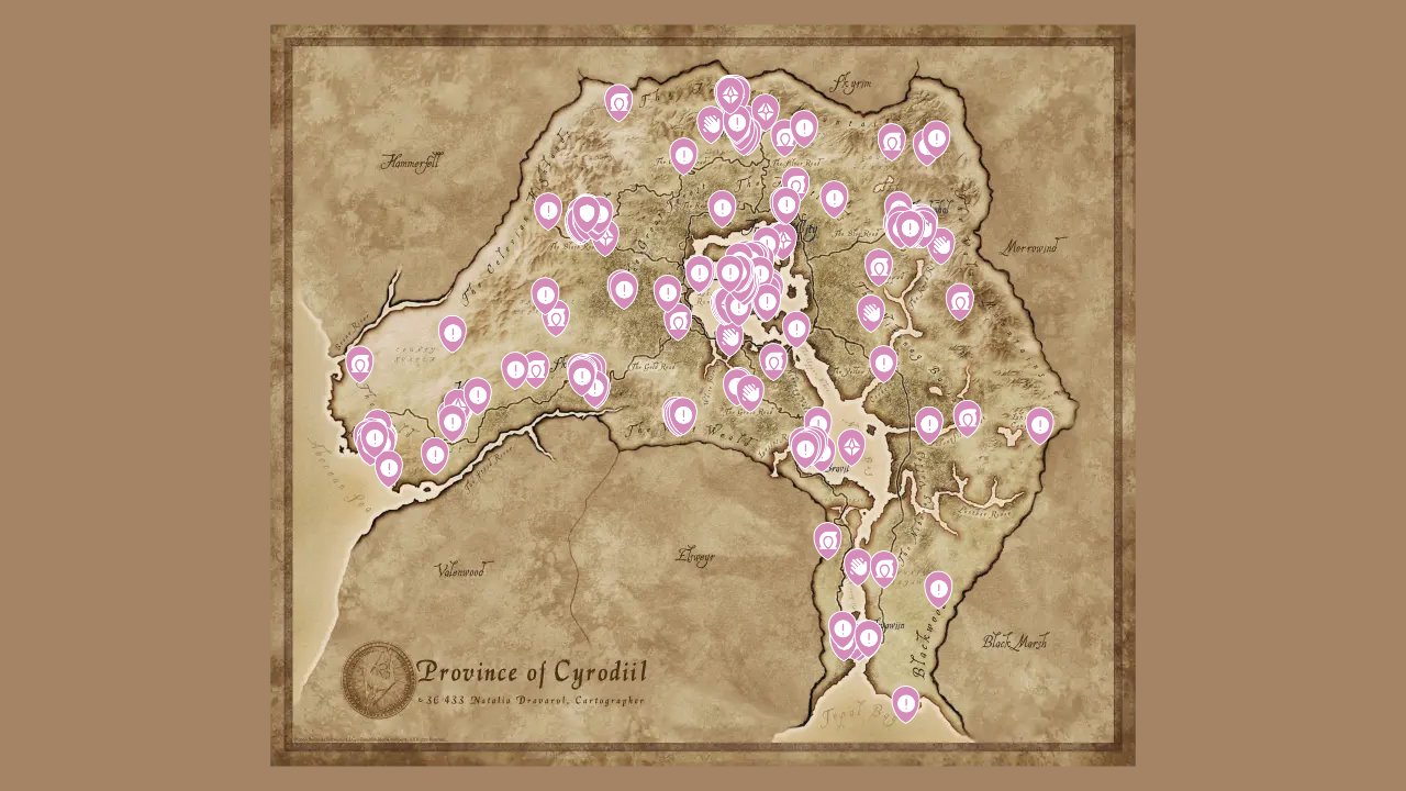 The Elder Scrolls IV Oblivion Remastered interactive map filtered to show only Quests markers