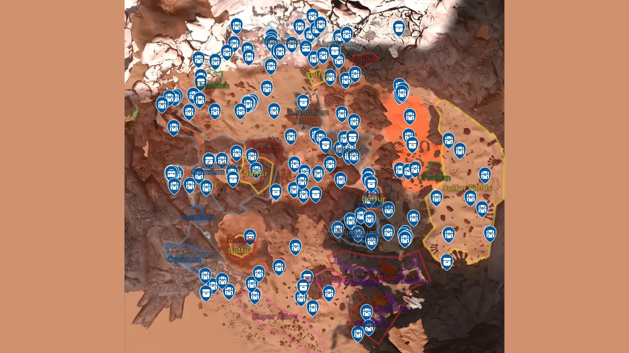 The Planet Crafter interactive map filtered to show only Container markers