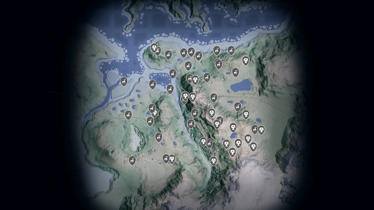 theHunter: Call of the Wild interactive map filtered to show only Collectibles markers