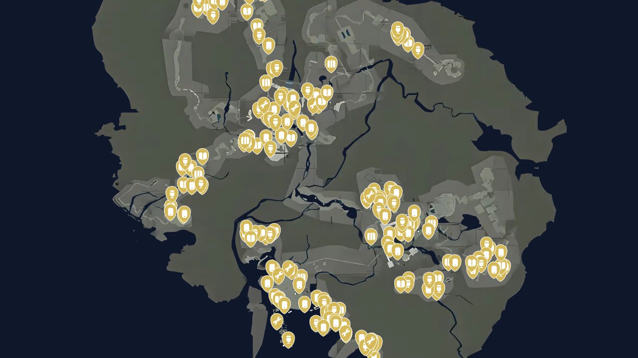Tomb Raider interactive map filtered to show only Collectibles markers