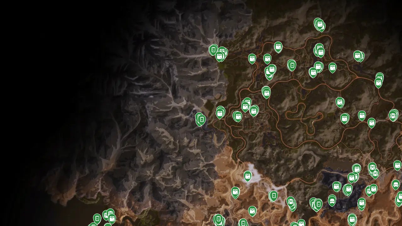 Rage 2 interactive map filtered to show only Collectibles & Resources markers