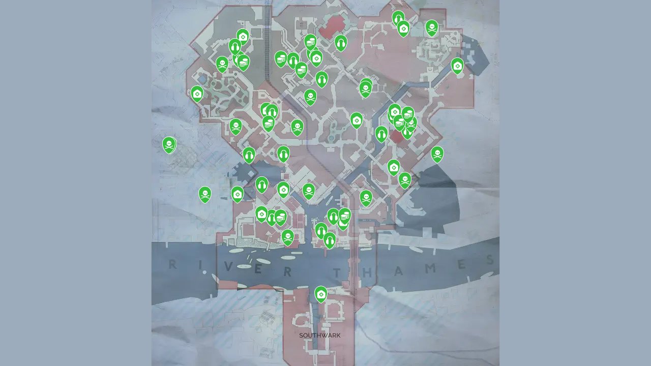 Vampyr interactive map filtered to show only Location markers