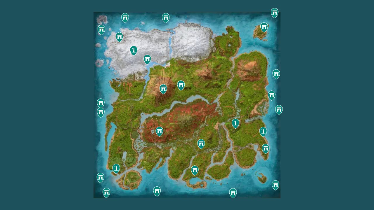 Ark Survival Ascended interactive map filtered to show only Points Of Interest markers