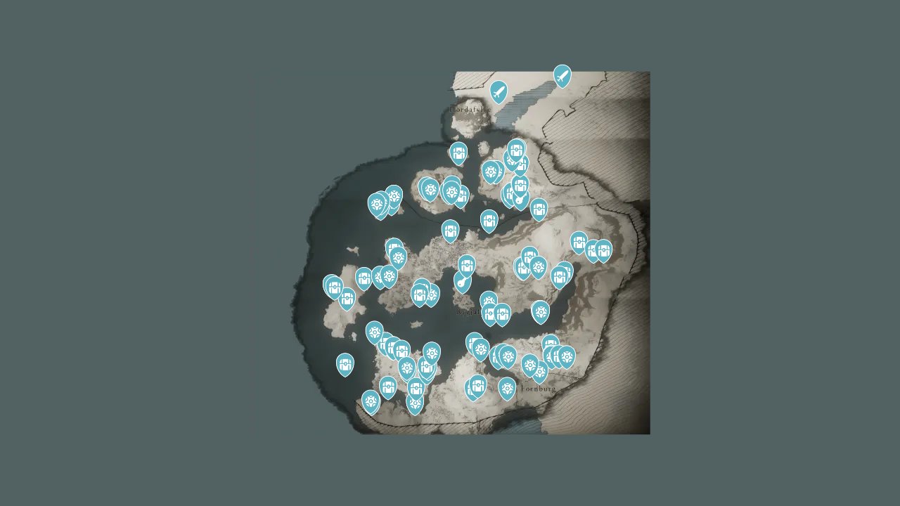 Assassins Creed Valhalla interactive map filtered to show only Loot markers