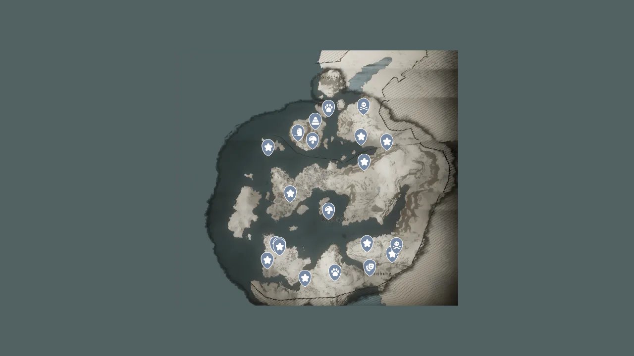 Assassins Creed Valhalla interactive map filtered to show only Mysteries markers