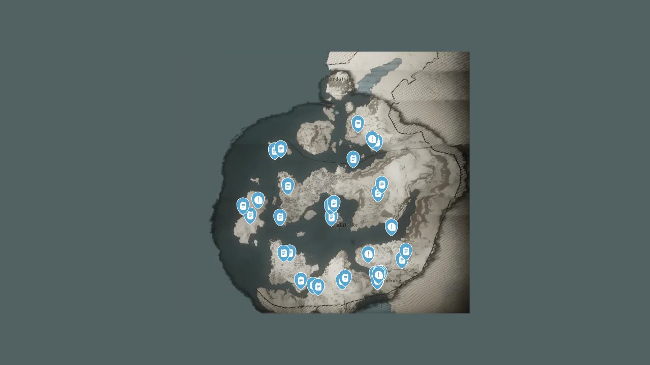 Assassins Creed Valhalla interactive map filtered to show only Quest markers