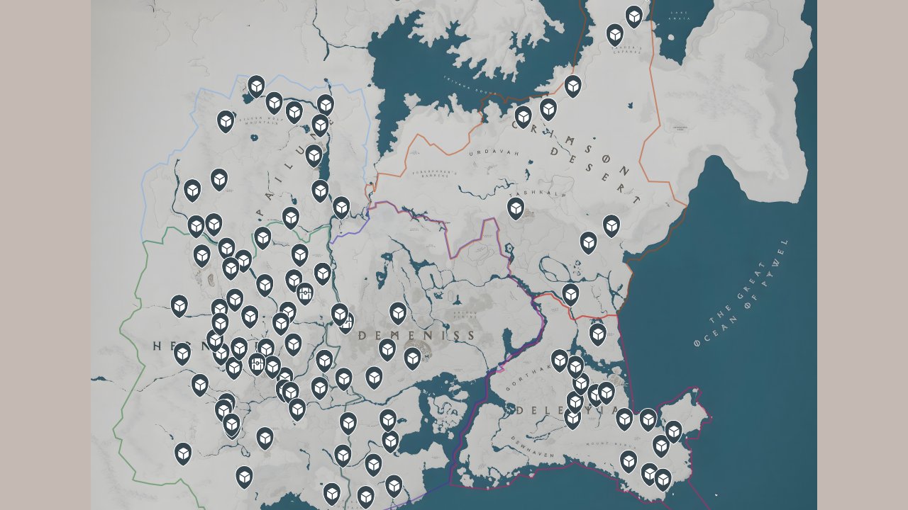 Crimson Desert interactive map filtered to show only Abyss Items markers