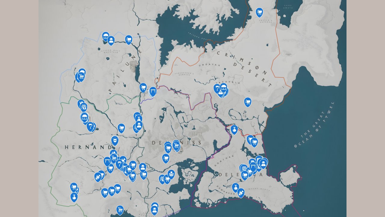 Crimson Desert interactive map filtered to show only Vendor markers