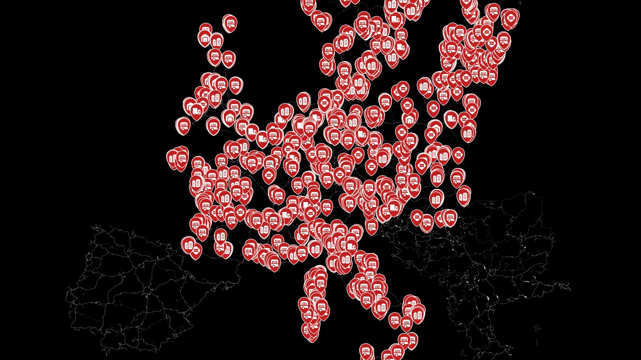 Euro Truck Simulator 2 interactive map filtered to show only Locations markers