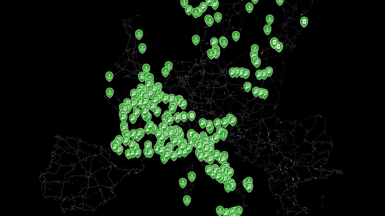 Euro Truck Simulator 2 interactive map filtered to show only Transport markers