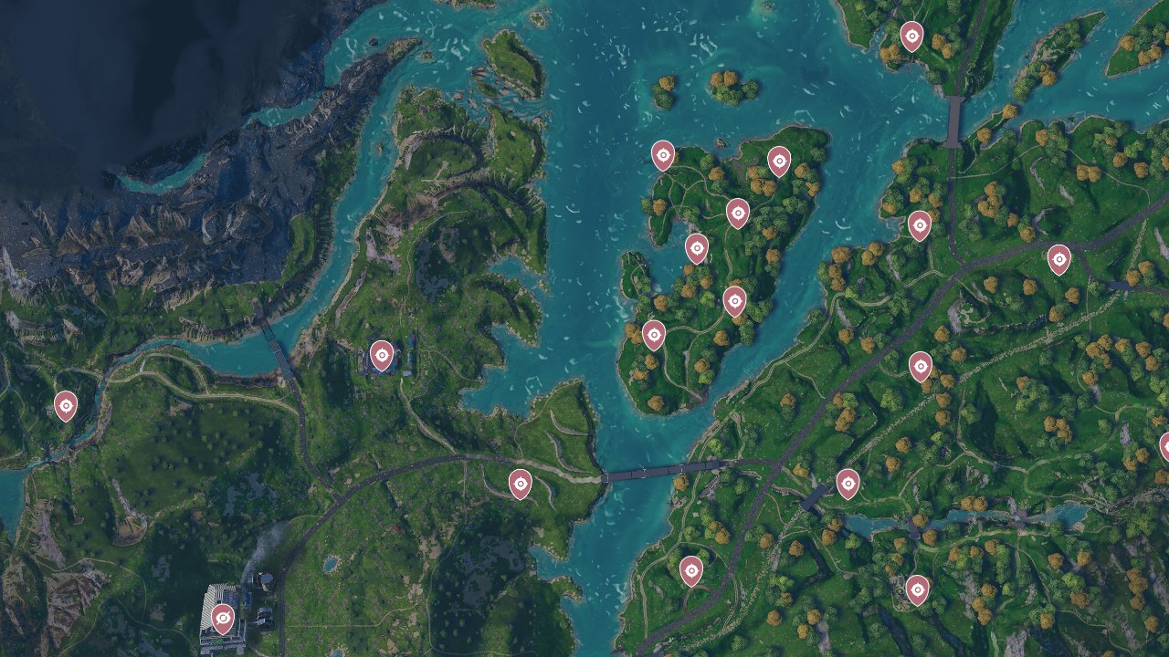 Far Cry New Dawn interactive map filtered to show only Locations markers