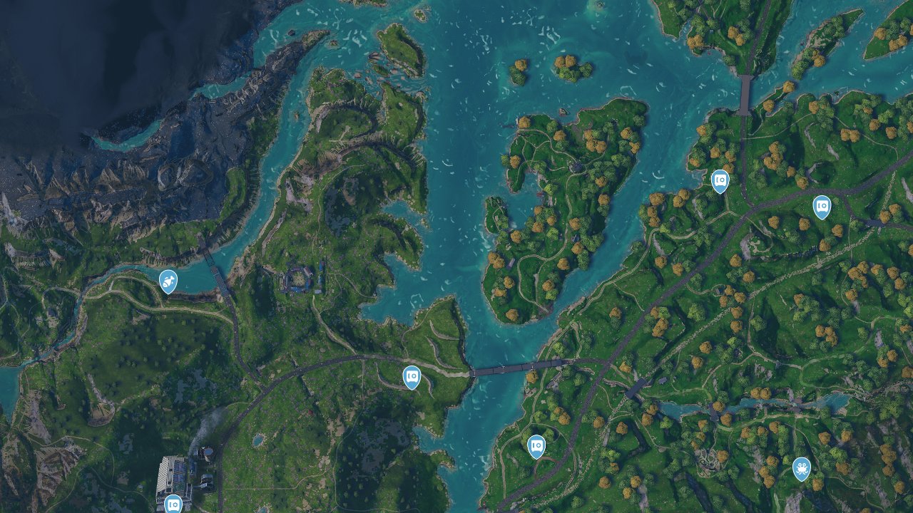 Far Cry New Dawn interactive map filtered to show only Resources markers