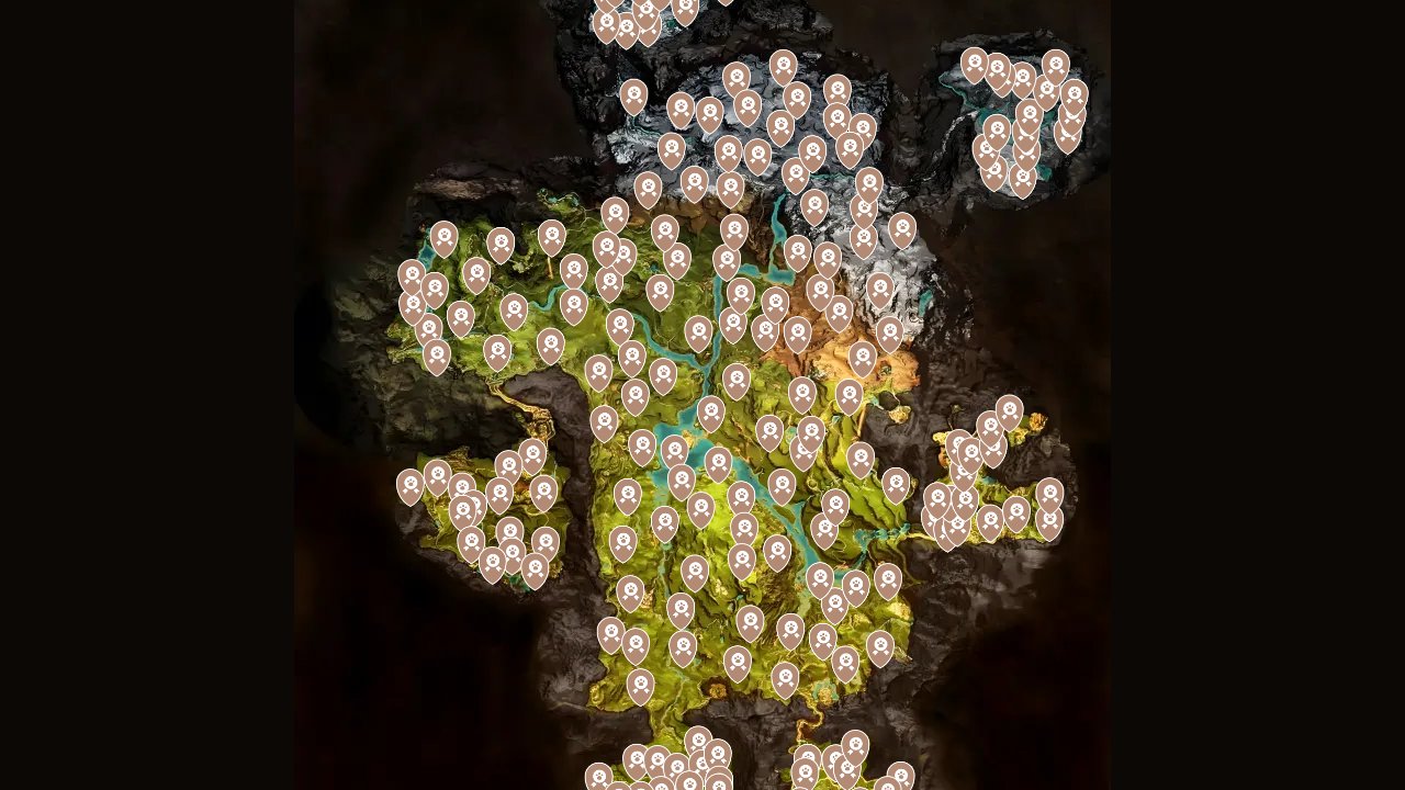 Far Cry Primal interactive map filtered to show only Hunting Locations markers