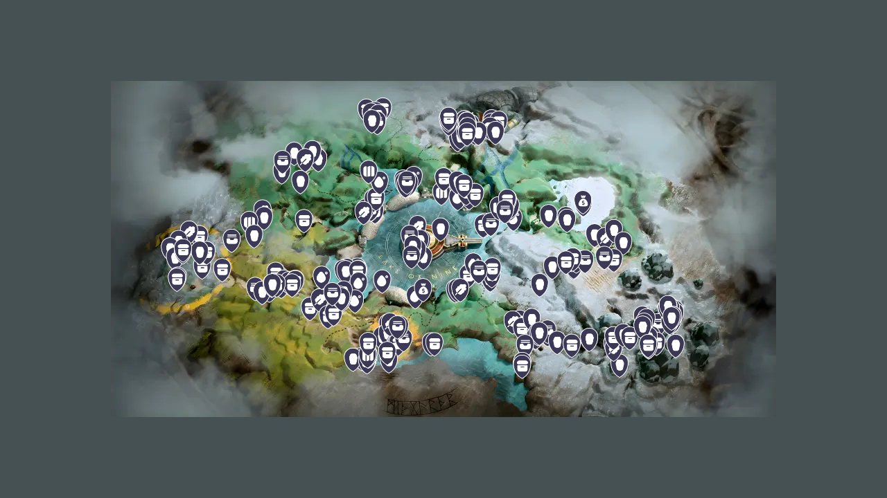 God Of War interactive map filtered to show only Loot markers