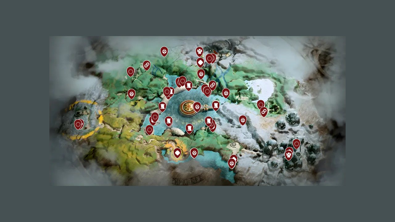 God Of War interactive map filtered to show only Mission markers