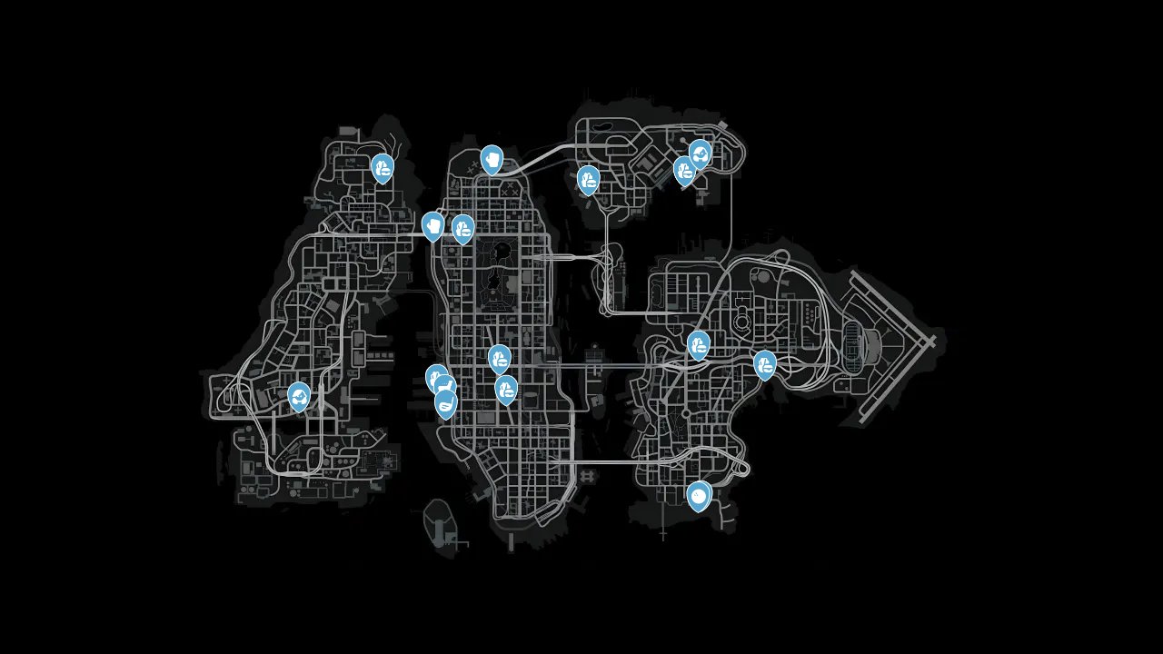 Grand Theft Auto IV interactive map filtered to show only Entertainment markers