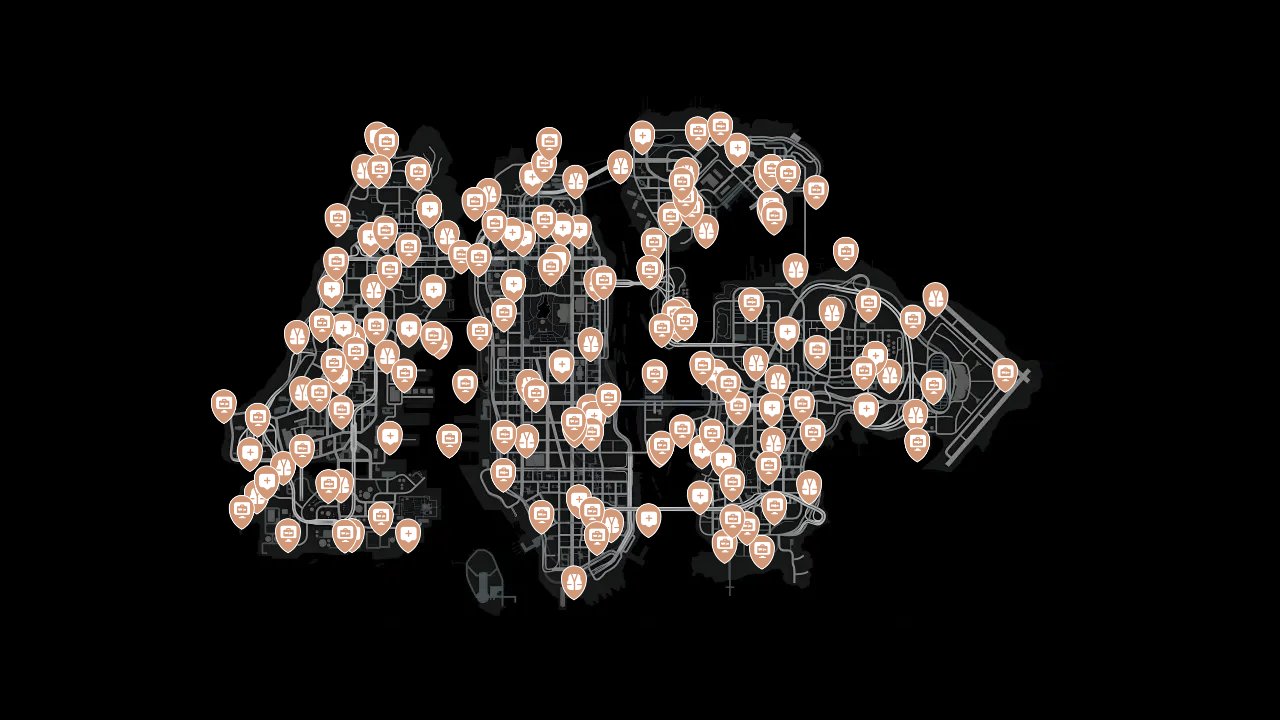 Grand Theft Auto IV interactive map filtered to show only Items markers