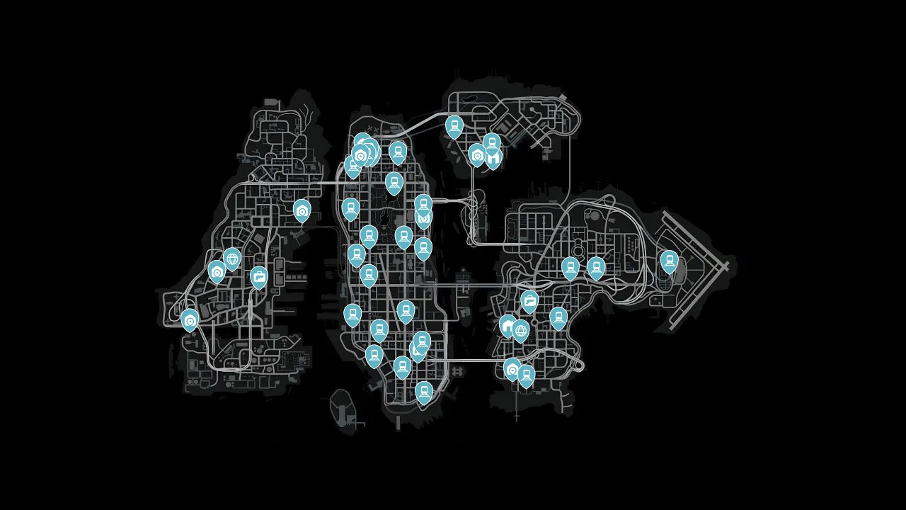 Grand Theft Auto IV interactive map filtered to show only Locations markers