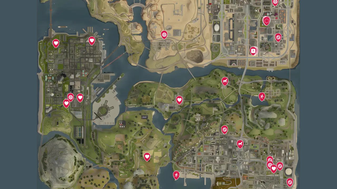 Grand Theft Auto San Andreas The Definitive Edition interactive map filtered to show only Activities markers